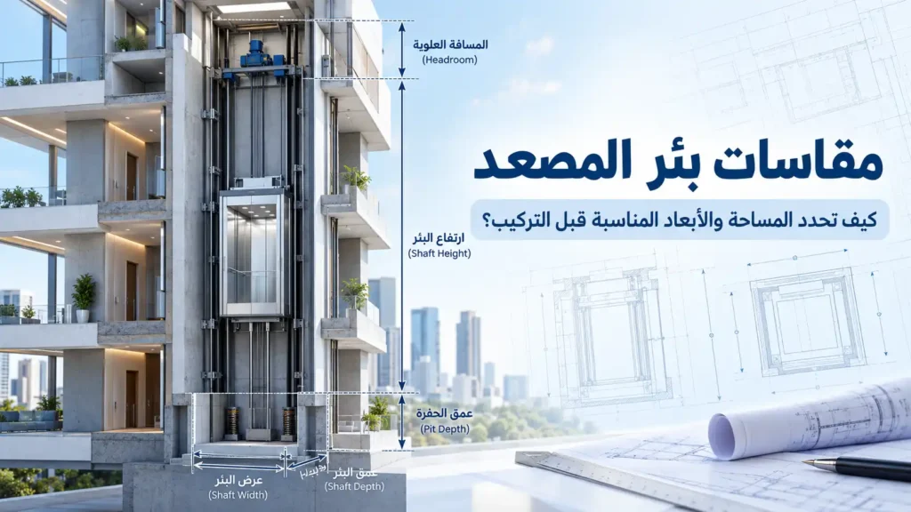 مقاسات بئر المصعد وأبعاده الهندسية مع توضيح عرض وعمق البئر وحفرة المصعد Pit والارتفاع العلوي قبل التركيب في مصر